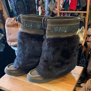 Coach Brown Rabbit Fur-Lined Women's Boots with sequins details